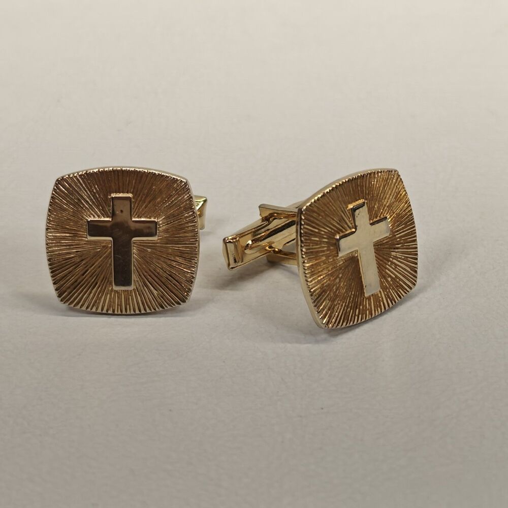 Gold Tone Cross Cufflinks Square Sunburst Textured Christian Religious Formal